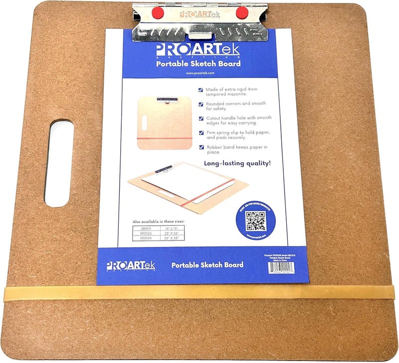 Proartek Drafting PK00026 Model SB1516 SB Series 15" x 16" Artist Sketch Board, Brown; 4mm Tempered Masonite; Constructed with a Cutout Handle; Smooth Edges; Firm Spring Clips; Rubber Band Included - Image 1